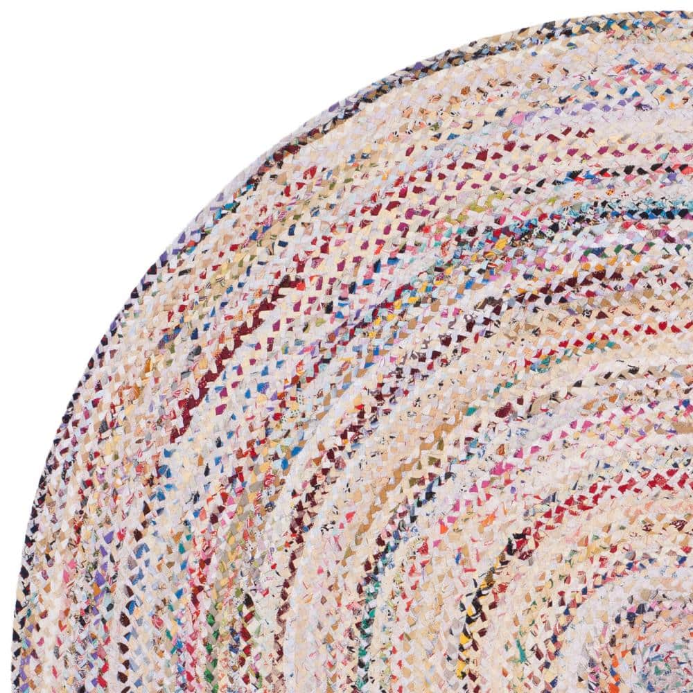 Ivory and Multicolor Braided Round Wool and Cotton Rug
