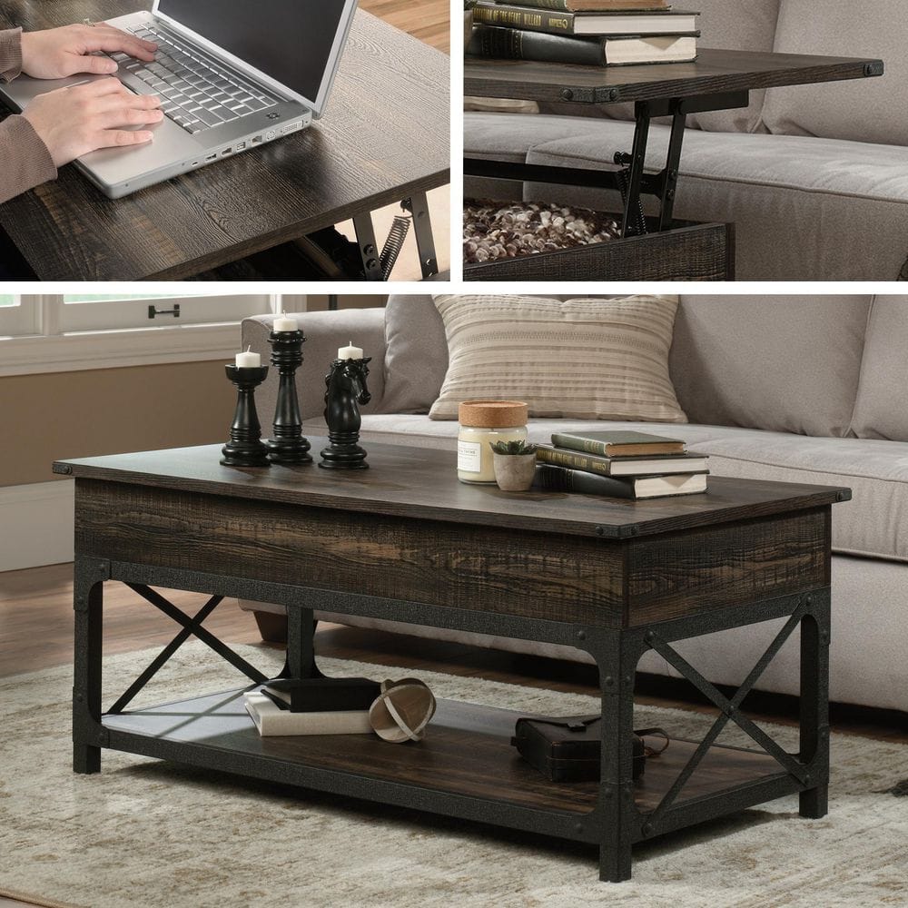Carbon Oak and Metal Lift-Top Coffee Table with Storage