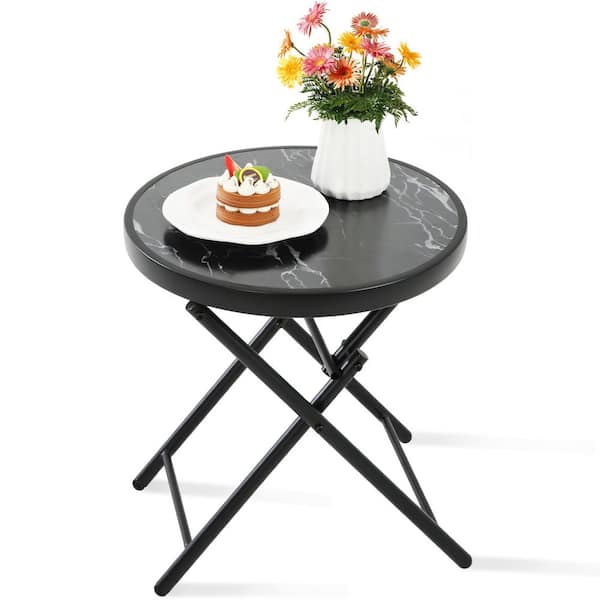 Outdoor Metal Portable Folding Patio End Side Bistro Table with Tempered Glass Tabletop