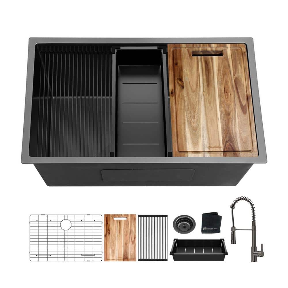 Gunmetal Black Stainless Steel Single Bowl Undermount Kitchen Sink with Faucet