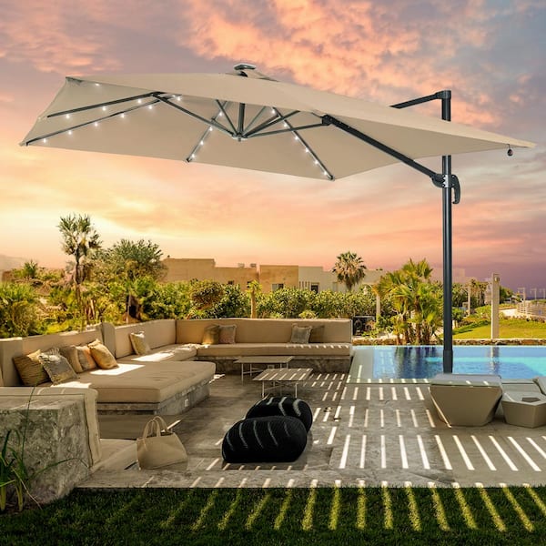 JOYESERY 9 ft. x 9 ft. Outdoor Square Cantilever LED Patio Umbrella - 240 g Solution-Dyed Fabric, Aluminum Frame in Sand