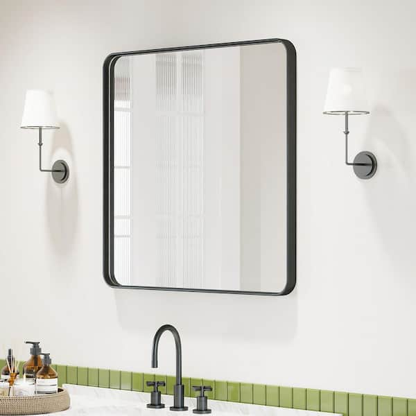 30 in. W x 30 in. H Rectangular Aluminum Framed Modern Black Rounded Wall Mirror