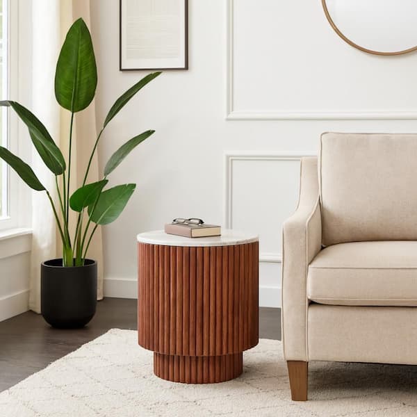 16 in. Ivory Round Marble Ribbed Pedestal End Table