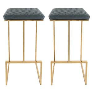 Quincy 29 in. Quilted Stitched Leather Gold Metal Bar Stool with Footrest Set of 2 in Peacock Blue