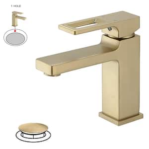 Single Hole Single-Handle Low-Arc Bathroom Faucet Water-Saving Vanity With Drain Kit In Brushed Gold