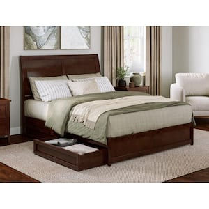 Andorra Walnut Brown Solid Wood Frame Queen Platform Bed with Panel Footboard and Storage-Drawers