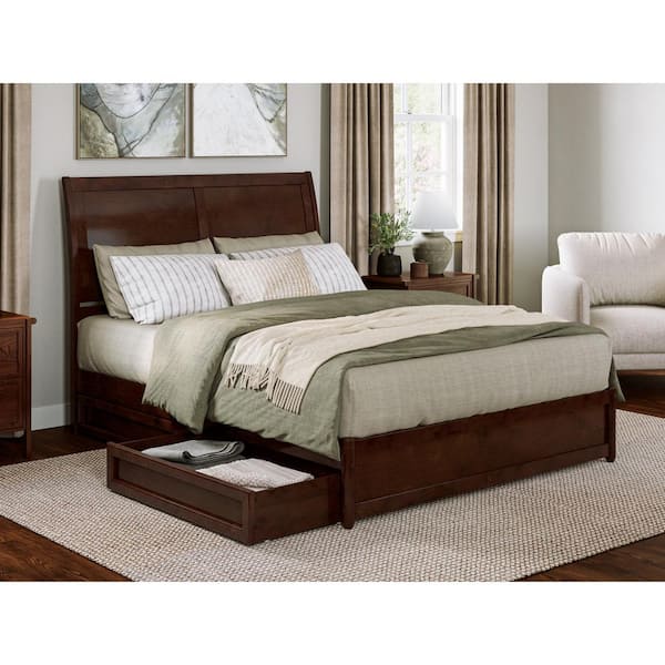 AFI Andorra Walnut Brown Solid Wood Frame Queen Platform Bed with Panel Footboard and Storage-Drawers