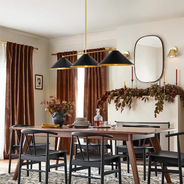Lani 3-Light Black and Gold Metal Industrial Cone Linear Chandelier for Kitchen Island Dining Room