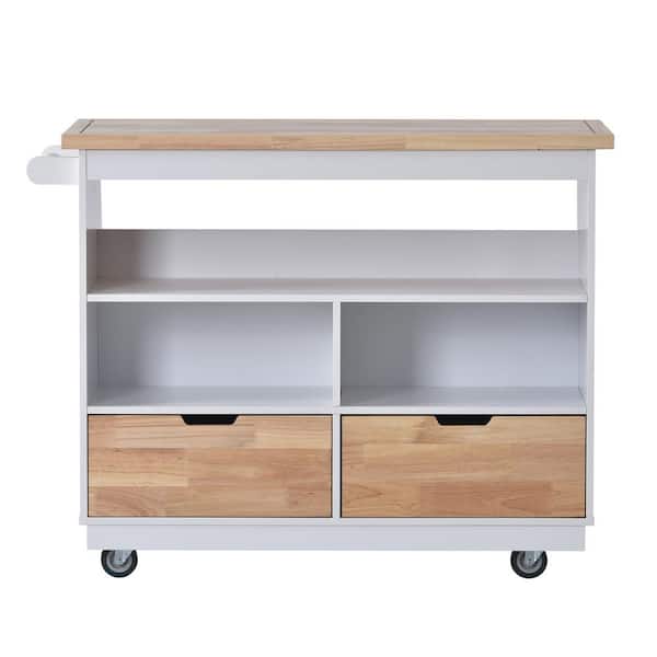 ATHMILE White Kitchen Island Cart with Solid Wood Top and Locking Wheels, Tableware Cabinet