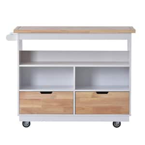 White Open Kitchen Cart with Solid Wood Top and 2 Drawers