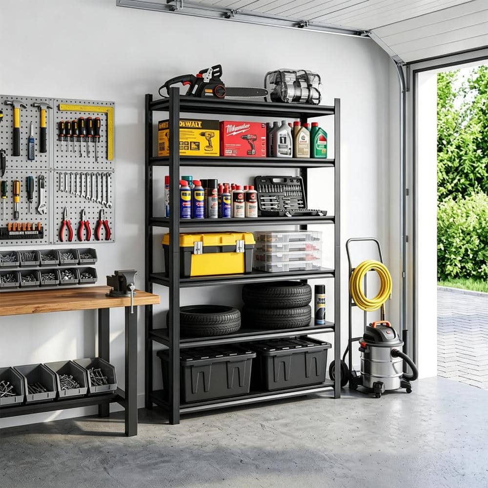 Shelving unit storing tools and equipment in a workshop.