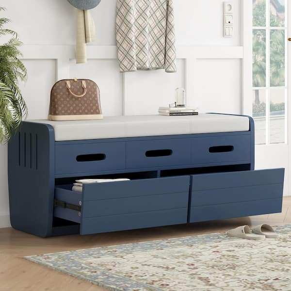 Harper & Bright Designs Navy Entryway Storage Bench Rustic Dining Bench with 2-Drawers and Removable Cushion 43 in. W