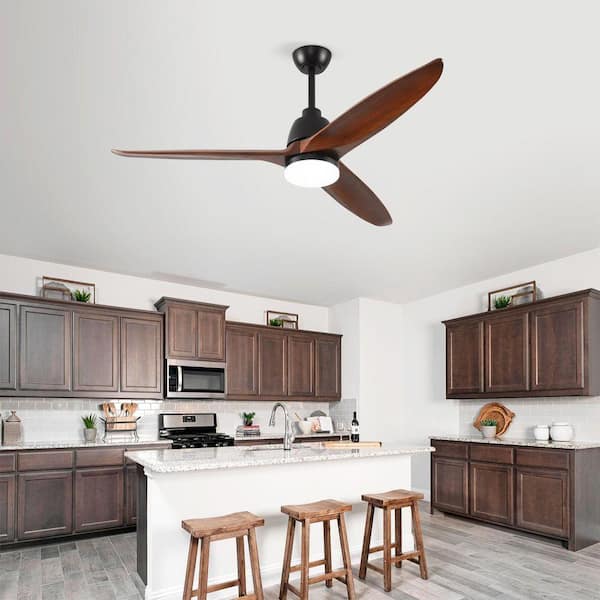 52 in. Walnut Downrod Mount Propeller LED Ceiling Fan with 3-Color Dimmable Light, 3 Solid Wood Blades, Remote Control