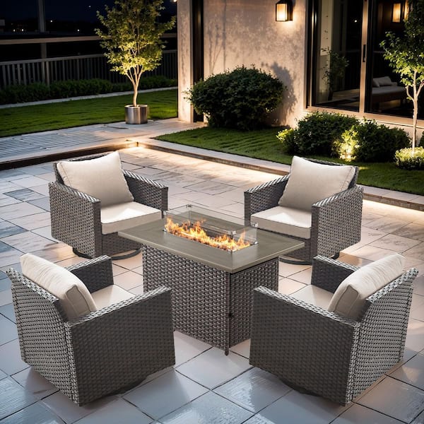 Gymojoy Valenta Brown Outdoor 5-Piece Wicker Patio Swivel Rocking Chairs Set with Cushions, Coffee Table and Firepit Table