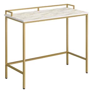 Brighton 36 in. Rectangle White and Gold Faux Marble Mosaic Top Console Table with Gold Metal Frame