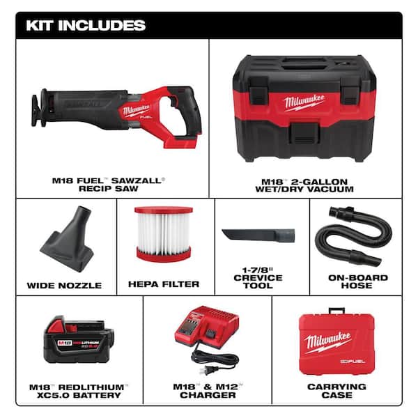 M18 FUEL 18V Lithium-Ion Brushless Cordless SAWZALL Reciprocating Saw Kit W/Cordless 2 Gal. Wet/Dry Vac