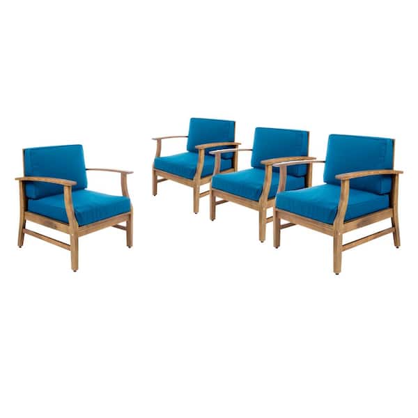 Giancarlo Stationary Wood Outdoor Lounge Chair with Blue Cushions (4-Pack)