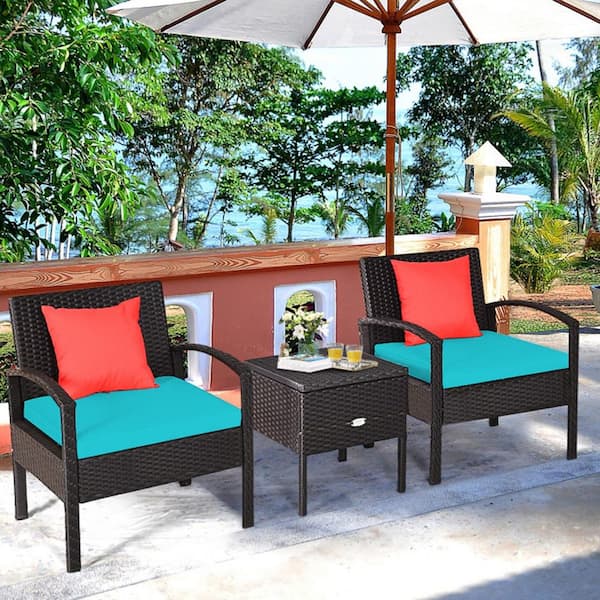 3-Piece PE Metal Rattan Patio Conversation Sofa Set with Removable Cushion in Off Turquoise
