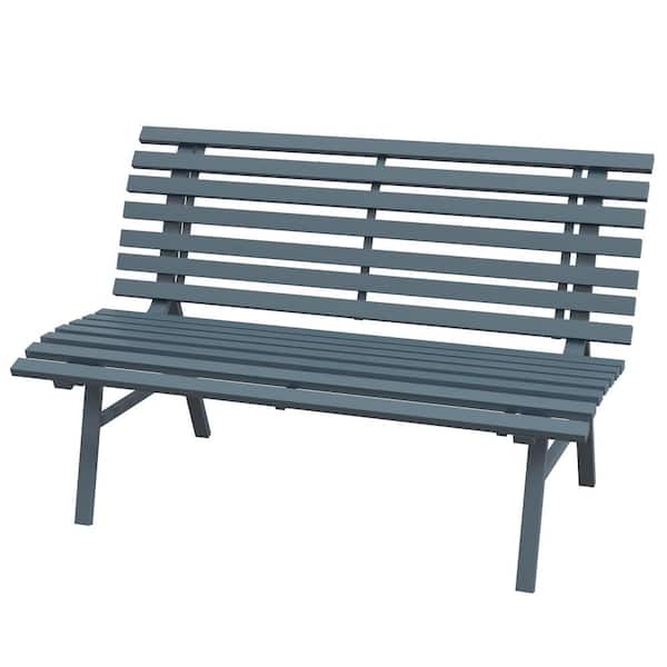 Sudzendf Blue 48.50 in. Metal Outdoor Bench, Lightweight Aluminum Park Bench with Slatted Seat