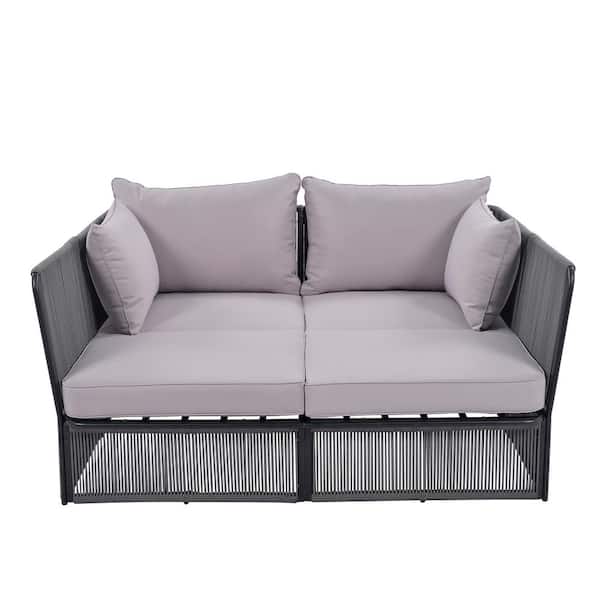Cesicia 2-Piece Sunbed Dark Grey Rope Wicker Outdoor Chaise Lounge with Gray Cushions and with Tempered Glass Table