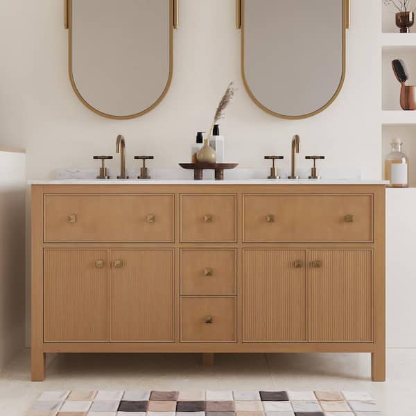 60 in. Double Sink Freestanding Bath Vanity in Walnut Mid Century Wood with White Cultured Marble Top（Assembled）