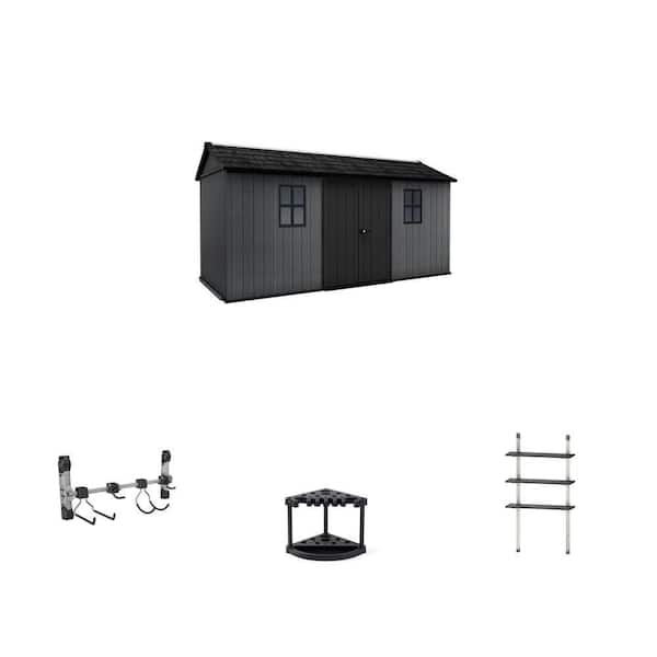 Newton Plus 7.5 ft. x 15 ft. Resin Shed, Hook Hanger, 22 in. Tool Rack and 12 in. Adjustable Shelve Kit Combo