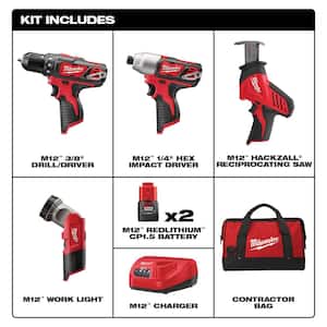 M12 12V Lithium-Ion Cordless Combo Tool Kit with Two 1.5 Ah Batteries, 1 Charger, 1 Tool Bag (4-Tool)
