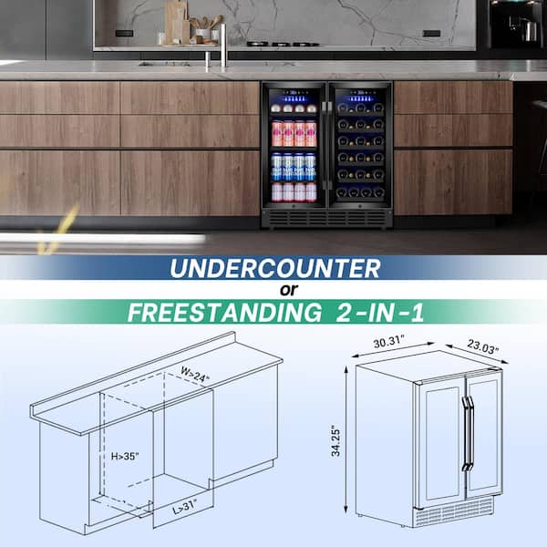 30 in. Dual Zone 33-Wine Bottles and 80-Can Built-In and Freestanding with French Door Beverage and Wine Cooler in Black