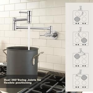 Wall Mounted Folding Pot Filler with Double-Handle Stretchable Kitchen Faucet in Chrome