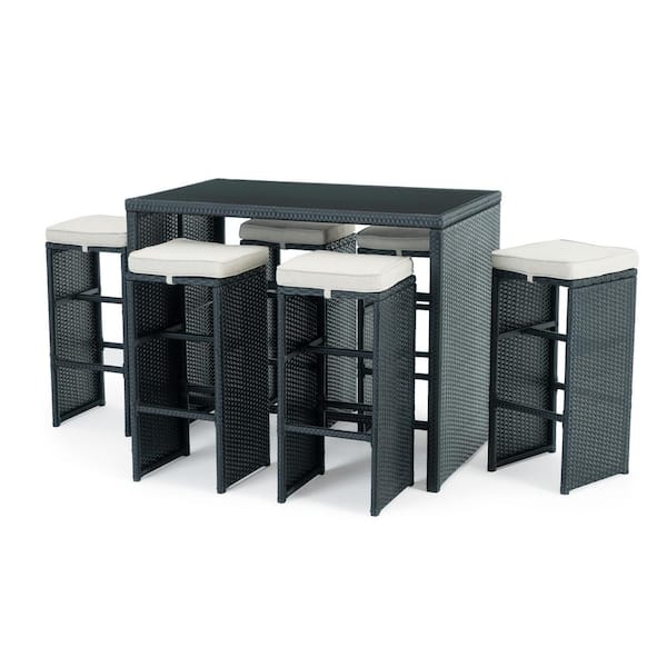 Sego Lily Quin Black 7-Piece Wicker Outdoor Bar Height Dining Set with Beige Cushions