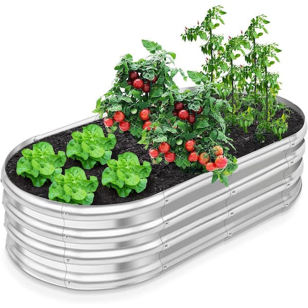 Primehome Galvanized Metal Oval Raised Garden Bed Planter Box- 4 ft. L x 2 ft. W x 1 ft. H Outdoor Elevated Planting Bed in Silver