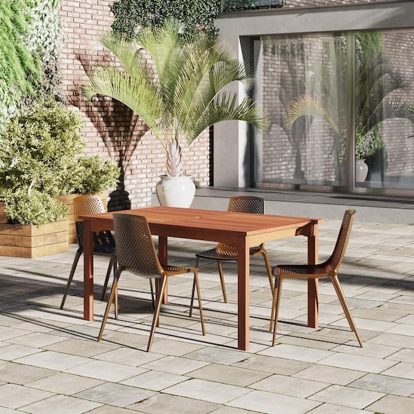 Amazonia Nomi 5-Piece Eucalyptus Wood and Resin Patio Rectangular Dining Table Set Ideal for Outdoors, Brown