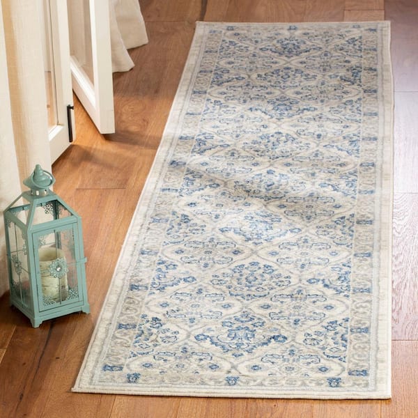Brentwood Light Gray/Blue 2 ft. x 18 ft. Geometric Floral Border Runner Rug