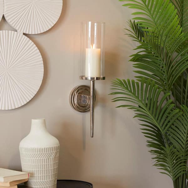 Litton Lane 23 in. Silver Aluminum Metal Single Candle Wall Sconce