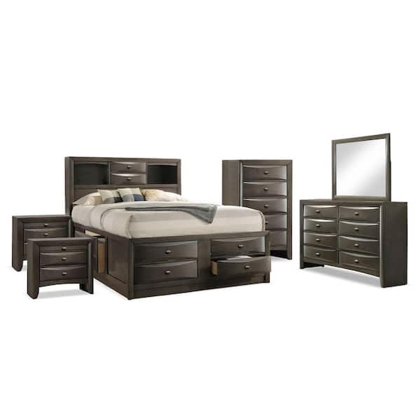 Lanten 6-Piece Gray Wood Frame Queen Platform Bedroom Set with Footboard and Side Rail Drawers, Headboard Bookcase
