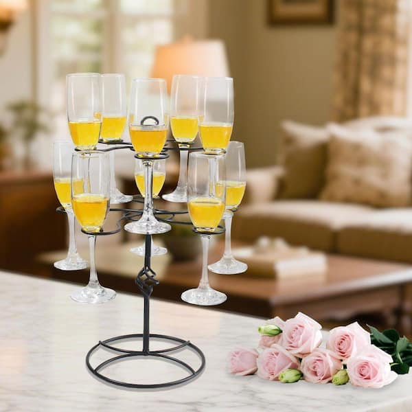 Black Freestanding Drink Tree Stand for 10 Glasses Metal Champagne Cocktail Rack Easy Assembly Party Display