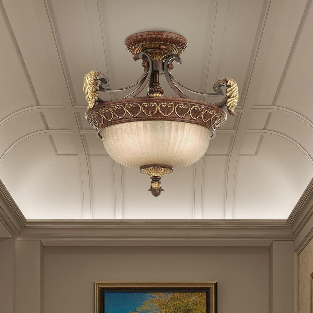 Villa Verona Bronze & Aged Gold Leaf 2-Light Pendant with Rustic Art Glass