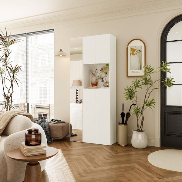 FUFU&GAGA White 70.9 in. H Accent Cabinet, Entryway Cabinet with Full-Length Mirror, Adjustable Shelves, Pegboard and Anti-Tip Kit