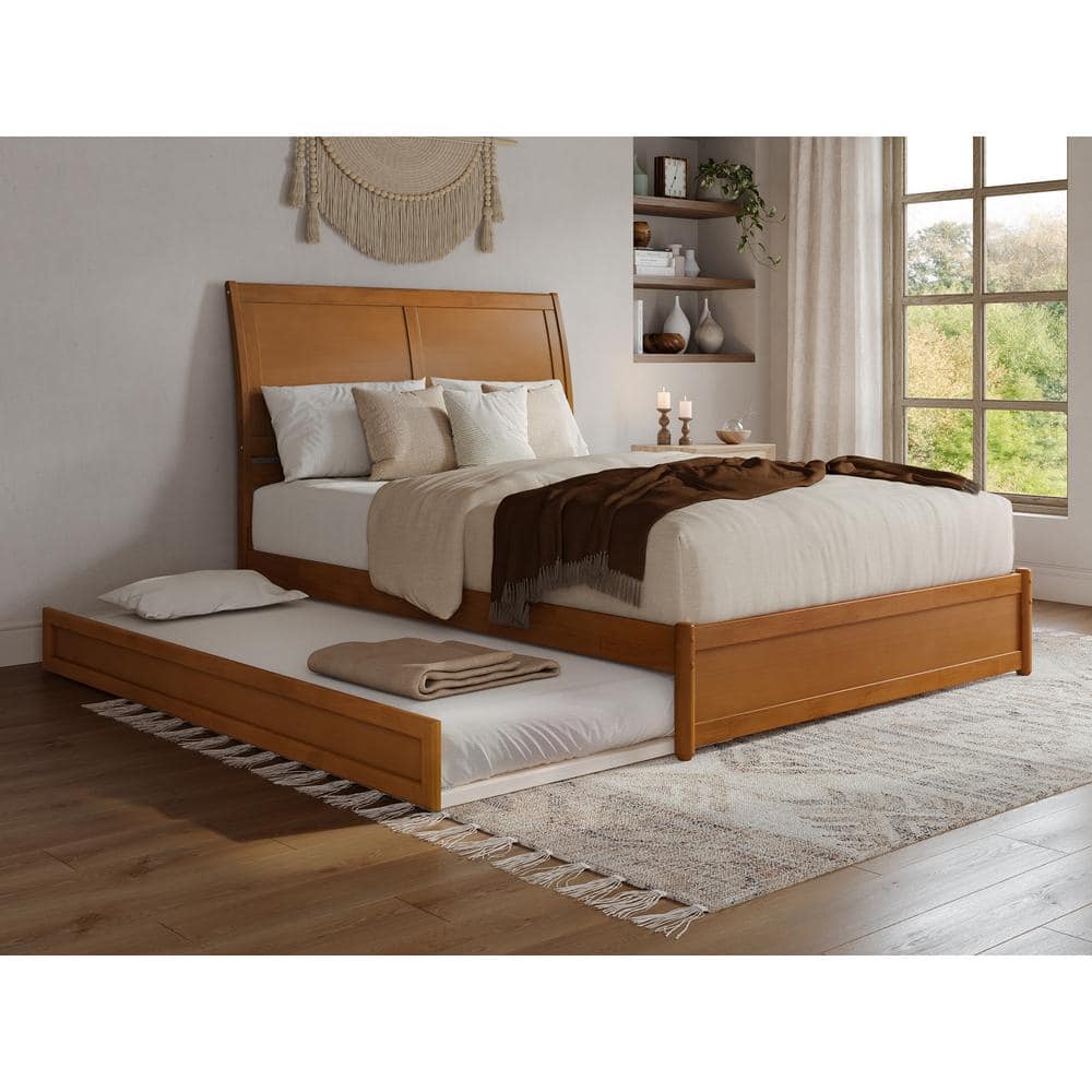 Light Toffee Queen Wood Platform Bed with Trundle and Headboard