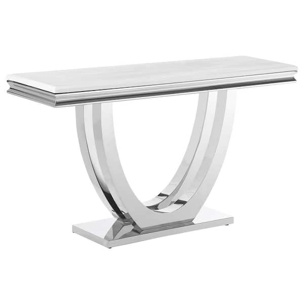 Coaster Kerwin 55 in. White and Chrome U-base Rectangle Faux Marble Top Console Table