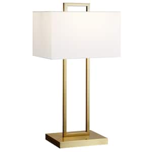 28 in. White Modern Integrated LED Bedside Table Lamp with White Fabric Shade