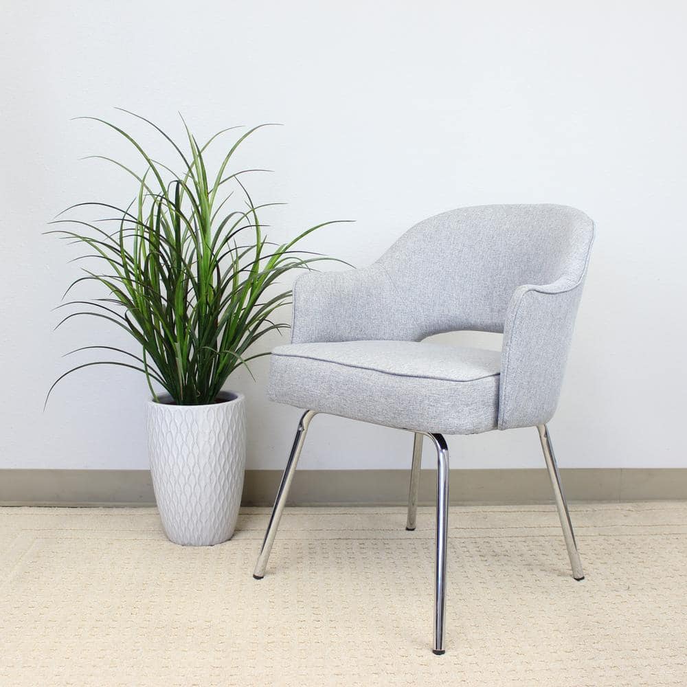 Sleek Gray Linen and Chrome Guest Chair with Fixed Arms