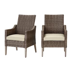 Rock Cliff Brown Wicker Outdoor Patio Stationary Dining Chair with CushionGuard Putty Tan Cushions (2-Pack)