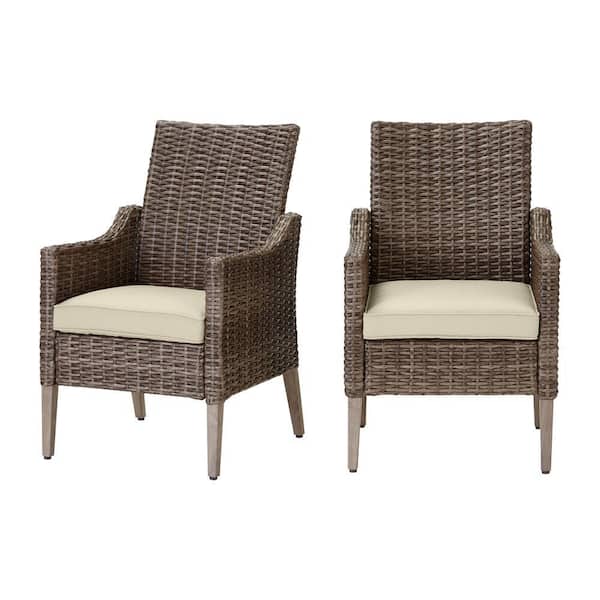 Hampton Bay Rock Cliff Brown Wicker Outdoor Patio Stationary Dining Chair with CushionGuard Putty Tan Cushions (2-Pack)