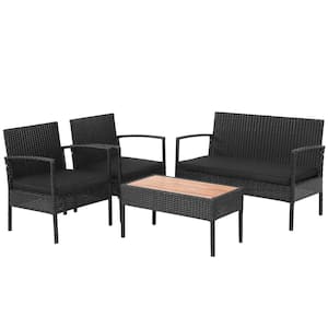 4-Pieces Wicker Patio Conversation Set Wooden Tabletop with Black Cushions