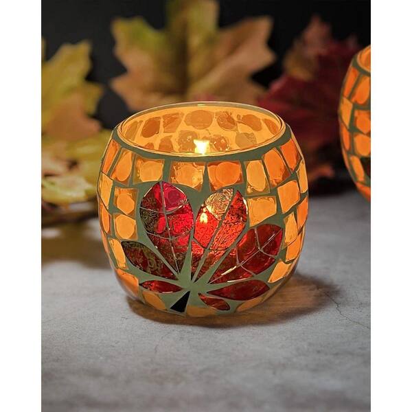 Fall Maple Leaf Mosaic Glass Tealight Holders-4 Piece Halloween  display picture 1