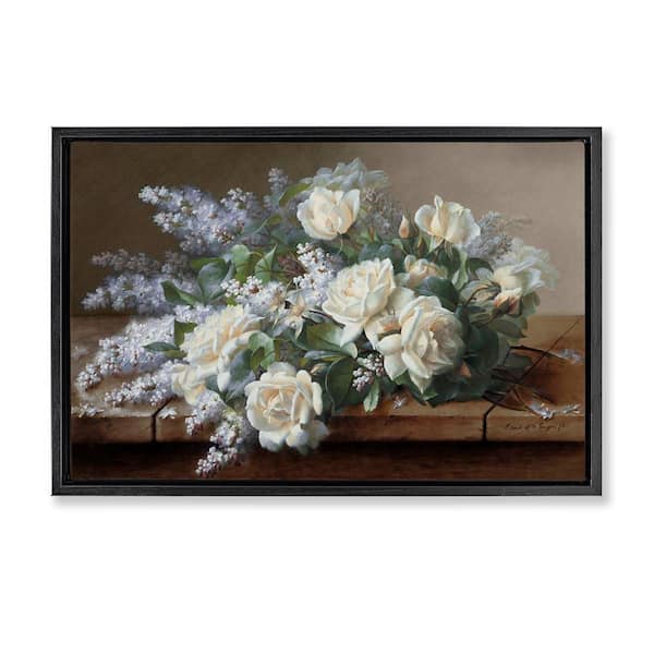 Stupell Industries White Vintage Roses by Raoul De Longpre Black Floater Frame Nature Graphic Art Print 21 in. x 31 in.