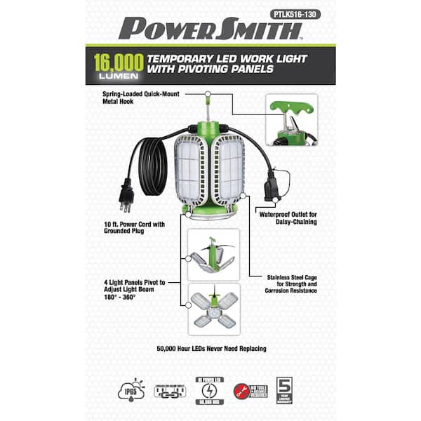 PowerSmith 16,000 Lumens Temporary Hanging LED JobSite Light with  Pivoting Panels and Linkable 10 ft. Power Cord PTLK516-130 The Home Depot