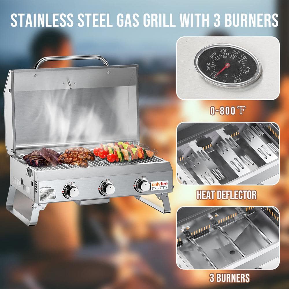 Onlyfire 24" Stainless Steel 3-Burner Portable Propane Grill with Foldable Legs