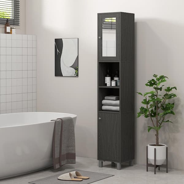 11.75 in. W x 11 in. D x 70.75 in. H Gray Wood Freestanding Slim Linen Cabinet with Adjustable Shelves and Mirror Door